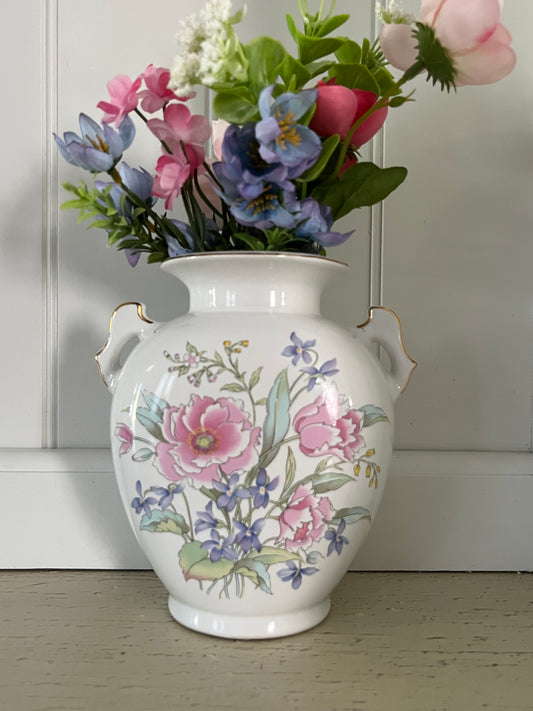 Vintage 1980’s Fine China Japan Floral Double Handle Vase | Pink Peony & Lavender Cottagecore Decor