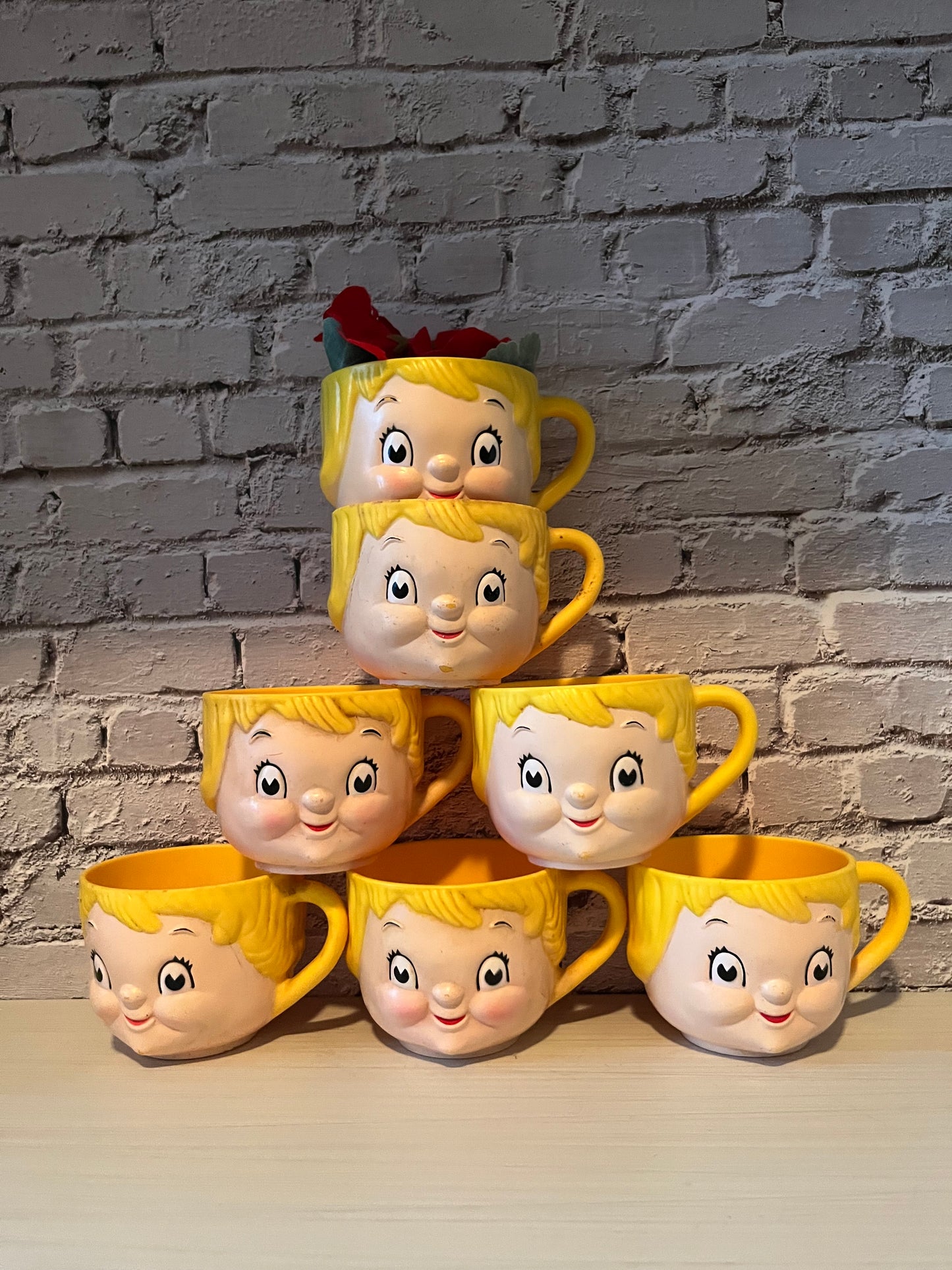 Vintage  1970s Campbell Kids Style Anthropomorphic Kitschy Kitchen Cup  Pair | Retro Dolly Dingle Face Cups