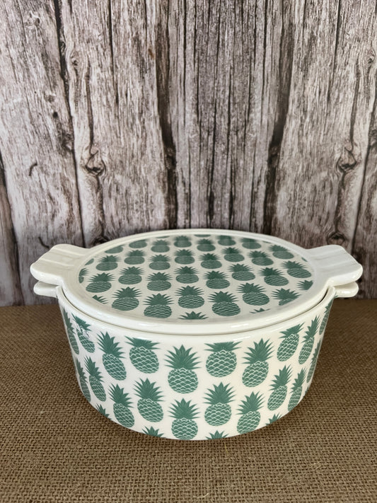 Grace Porcelain Round Casserole Dish with Lid - Aloha Tiki Islands Fusion Theme | Vintage Green Pineapples Design