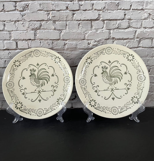 Set of 2 Vintage c1963 SCIO Provincial Rooster Dinner Plates | 9 1/4” USA Made Folk Art Plates