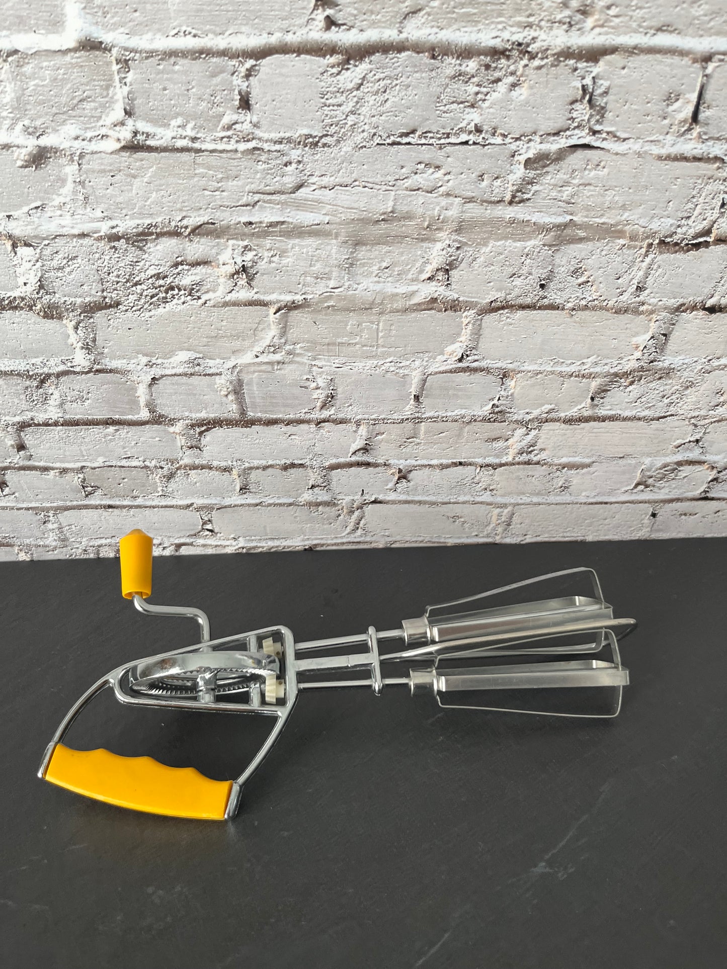 1950’s Vintage European Manual Hand Mixer Egg Beater w/ Yellow Handle, Mid Century Rotary Kitchen Mixer, Retro Baking Tool
