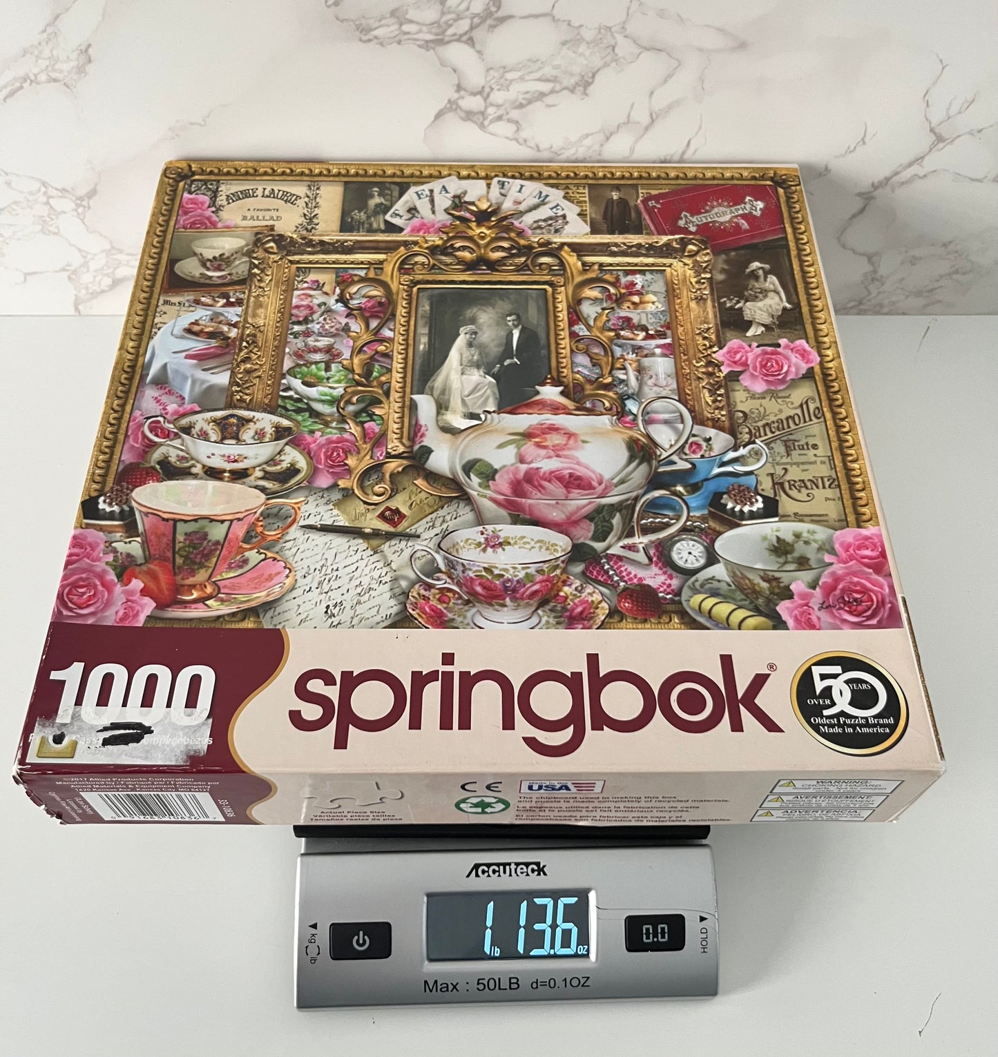 Springbok “Tea for Two” Romantic Rose Tea Set Collage Puzzle — 1000 Piece — Vintage Victorian Style — Made USA — c. 2010s–2020s