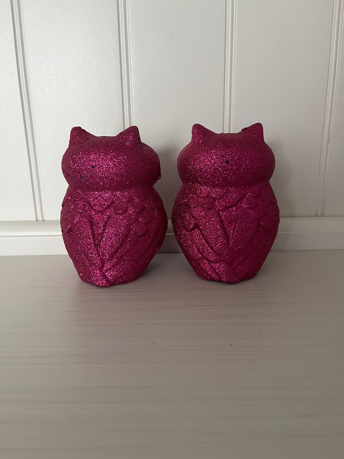 Pair of Glitter Magenta Pink Light-Up Owl Figurines ,  Halloween Décor