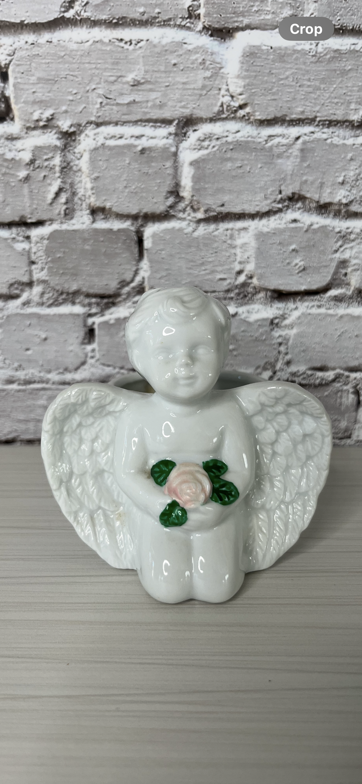 Vintage 1980s White Cherub Ceramic Planter – Rococo Angel Holding a Pink Rose