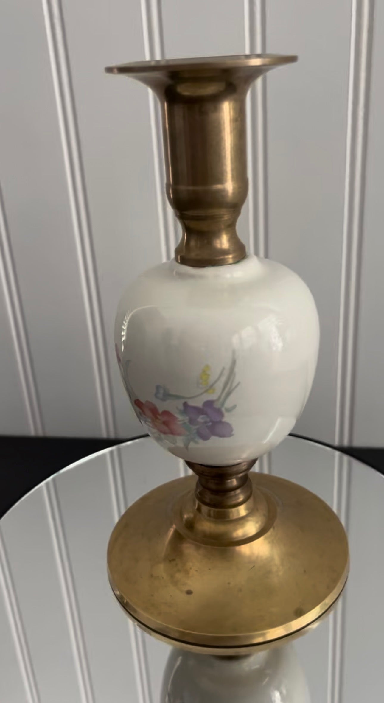Vintage c.1980s Brass & Porcelain Floral Candlestick Holder | Cottagecore Taper Candle Decor