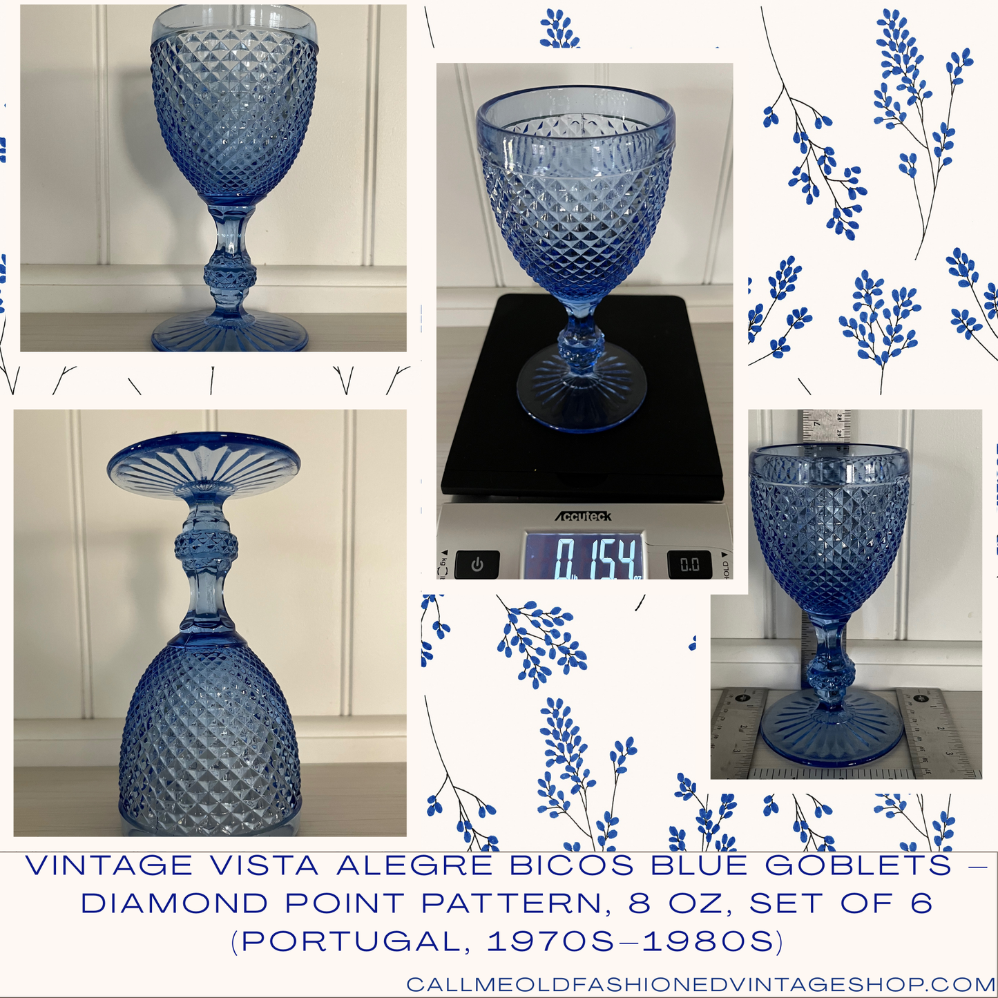 Vintage Vista Alegre Bicos Blue Goblets – Diamond Point Pattern, 8 oz, Set of 6 (Portugal, 1970s–1980s)