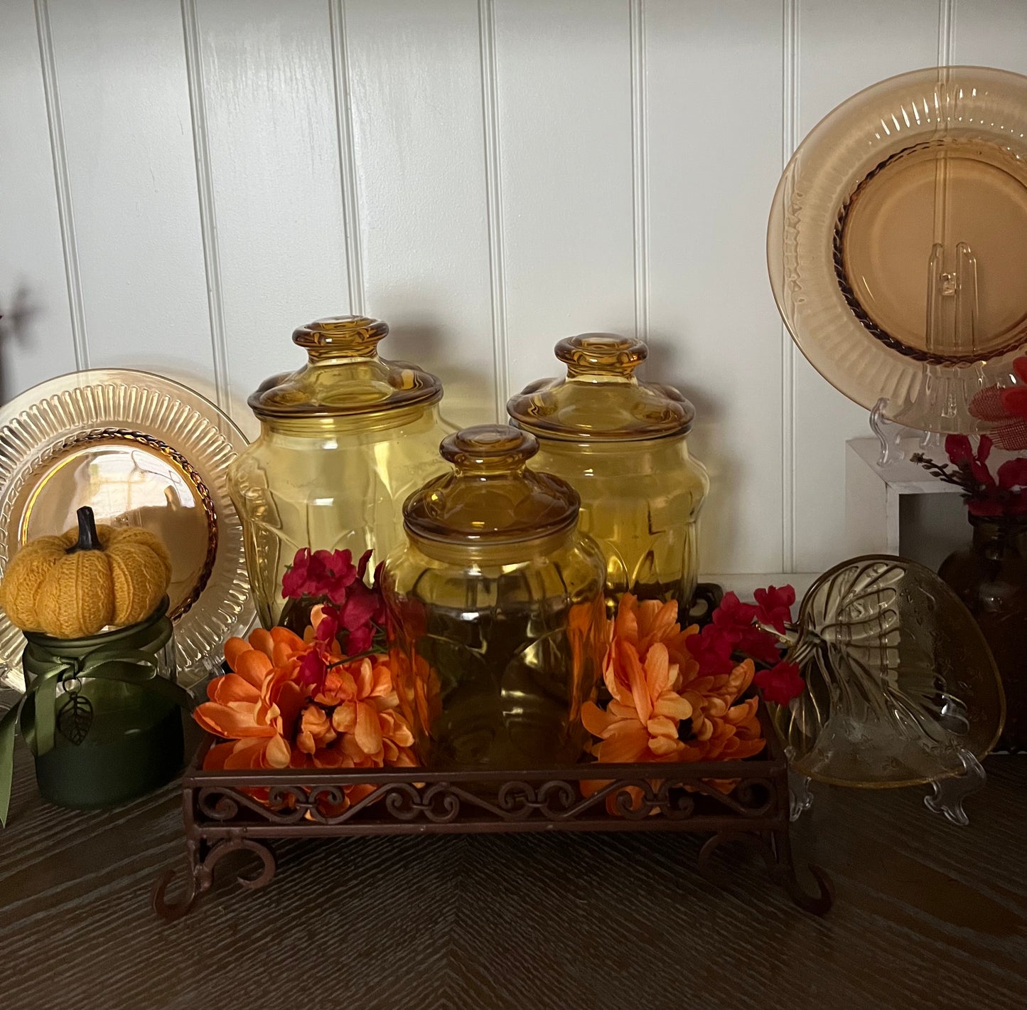 Vintage Amber Glass Apothecary Canister Set (3) L.E. Smith honey amber bubble glass | 1960s–1970s