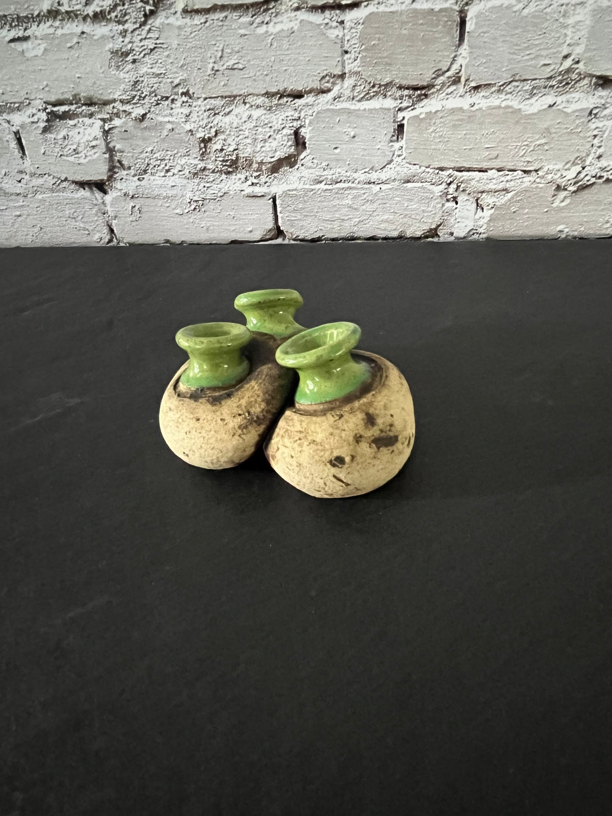 C1970s Signed Studio Pottery Triple Spout Flower Frog Bud Vase – Green Glaze Handmade Ceramic