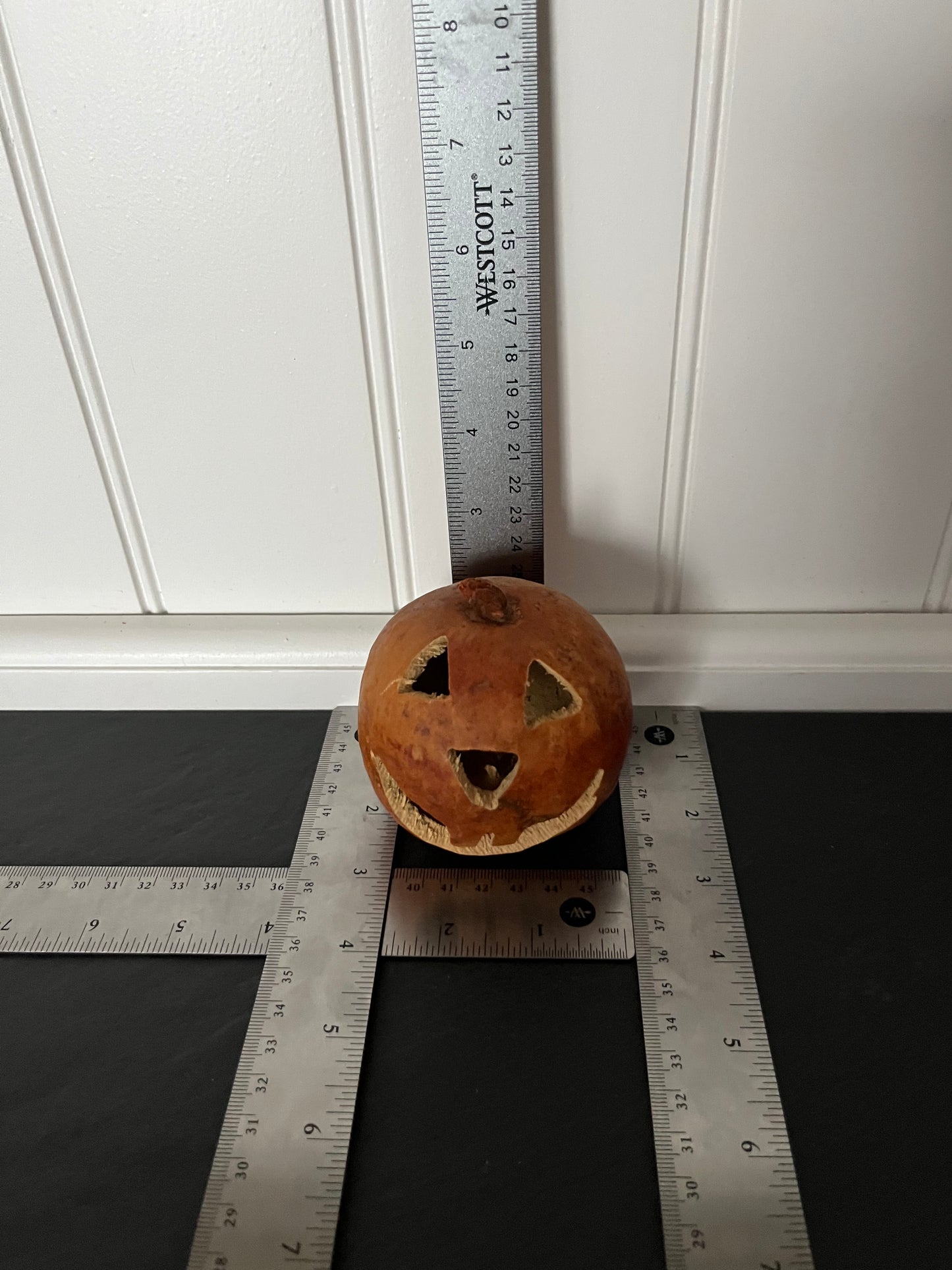 Small Hand-Carved Dried Gourd Jack-O’-Lantern | Artisan Folk Art Halloween Pumpkin | Candy Corn Manor