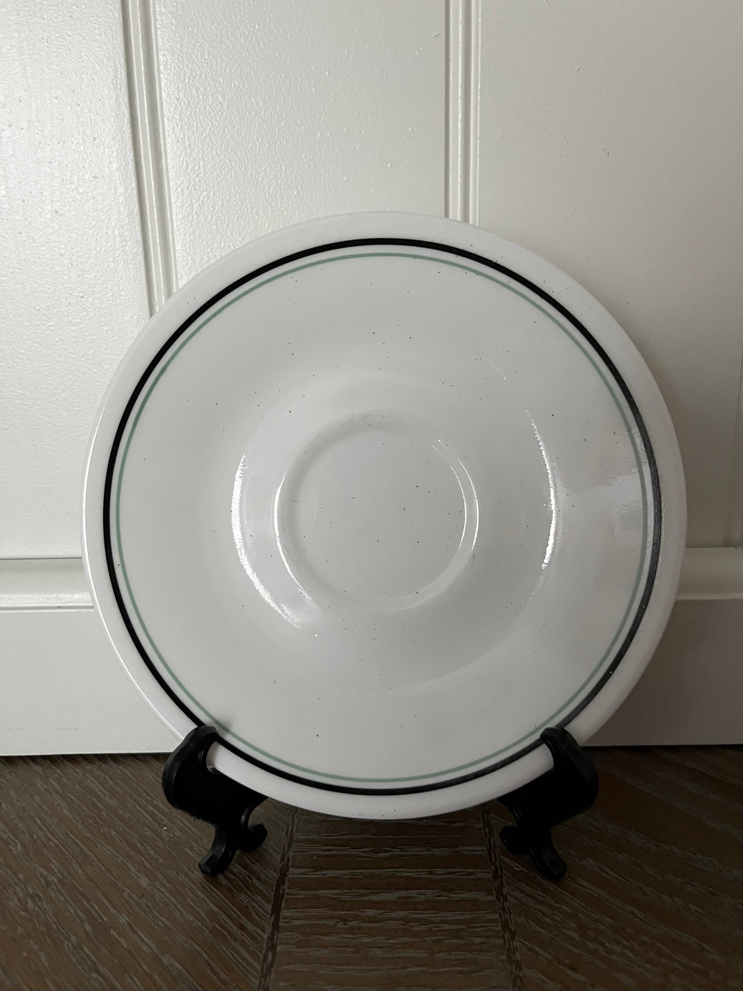 Set of 2 Corelle “Zenith” Pattern Saucers – White with Black & Green Rings, c. 1970s