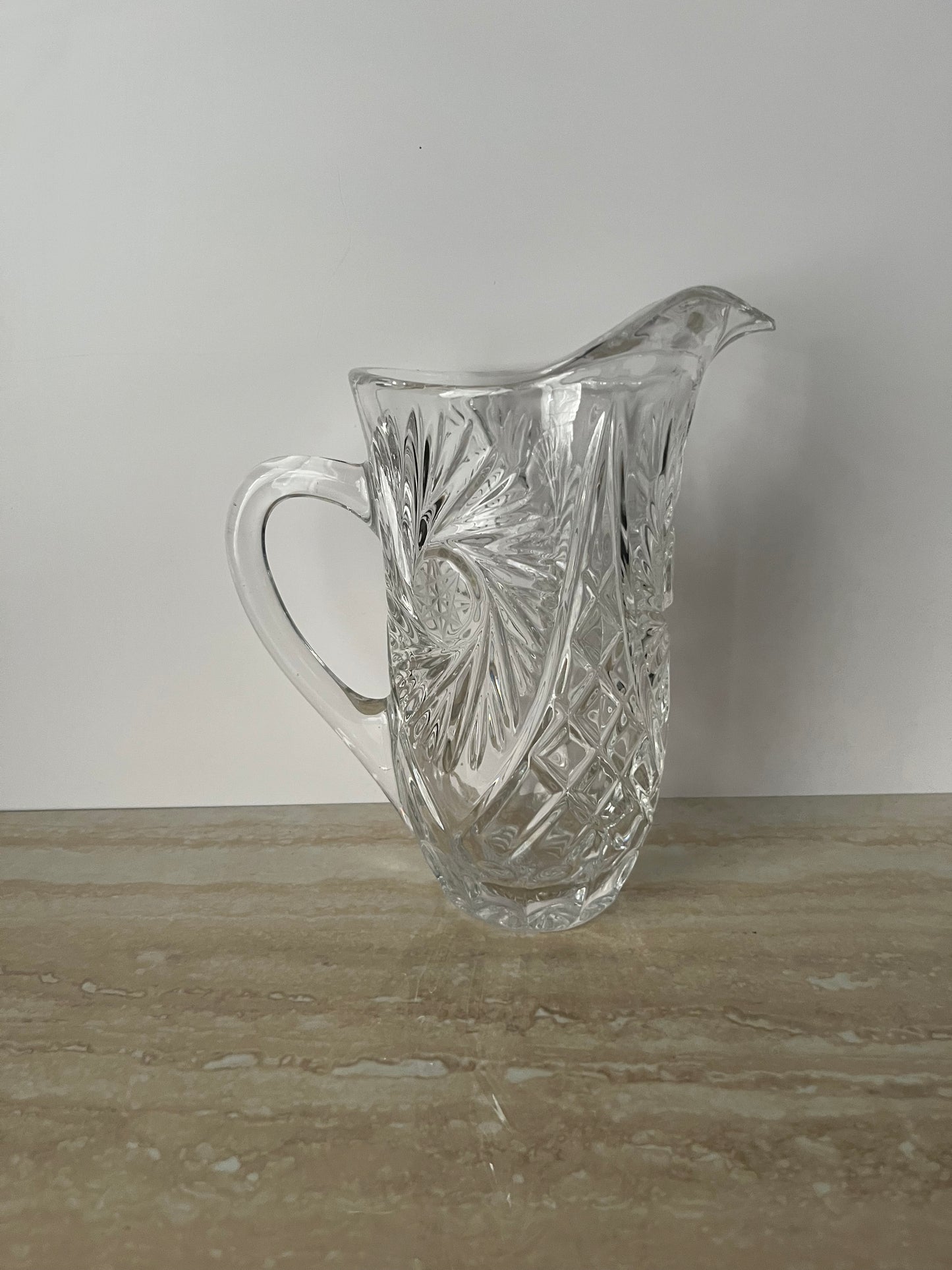 Vintage Cut Crystal Pitcher – Pinwheel Hobstar Brunswick Pattern – 8” Clear Crystal Water or Juice Pitcher – Mid Century Glassware