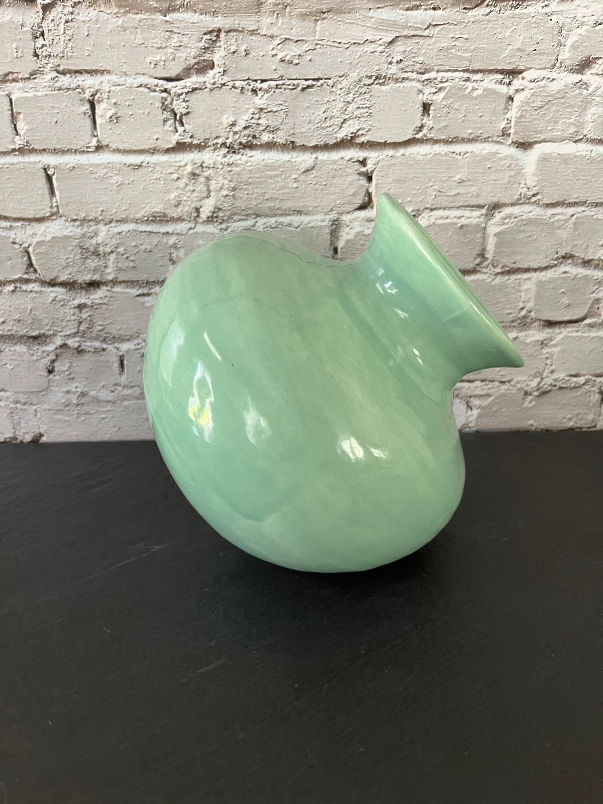 Vintage Style Chat Seafoam Green Side-Opening Ceramic Vase Pottery Pot – Sculptural Tilted Vase – 6”
