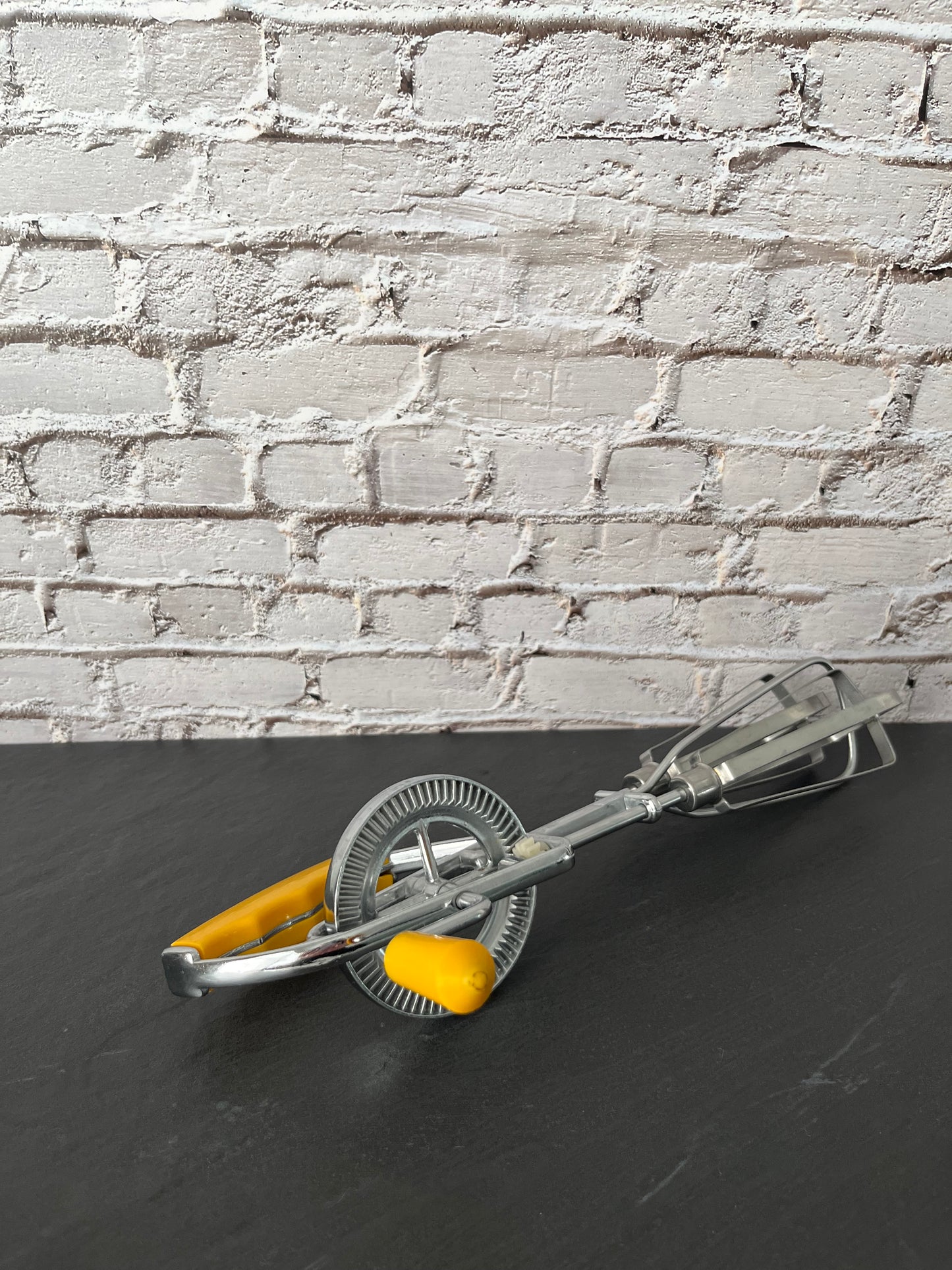1950’s Vintage European Manual Hand Mixer Egg Beater w/ Yellow Handle, Mid Century Rotary Kitchen Mixer, Retro Baking Tool