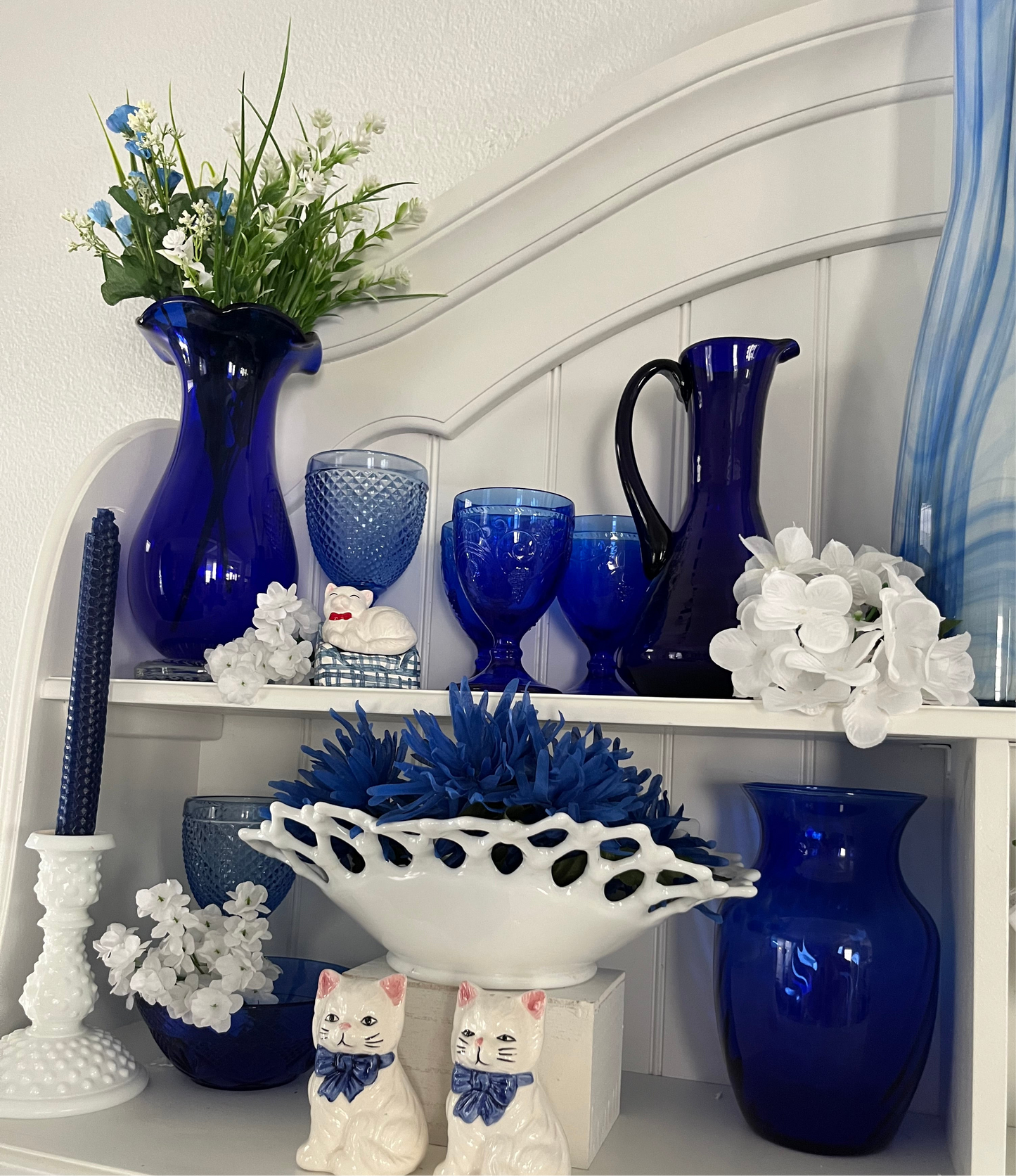 Vintage Hand Blown Blue Glass Carafe Pitcher Applied Handle - Cobalt Blue 1960s–1970s