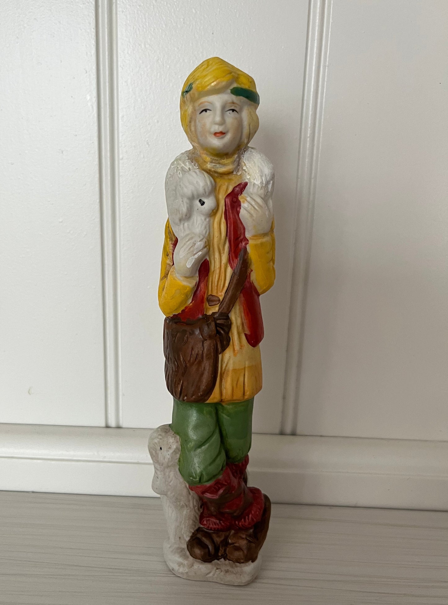 Retro 1995 Depression-Era Aesthetic “Winter Child” Figurine with Lambs — Hand-Painted Collectible Decor