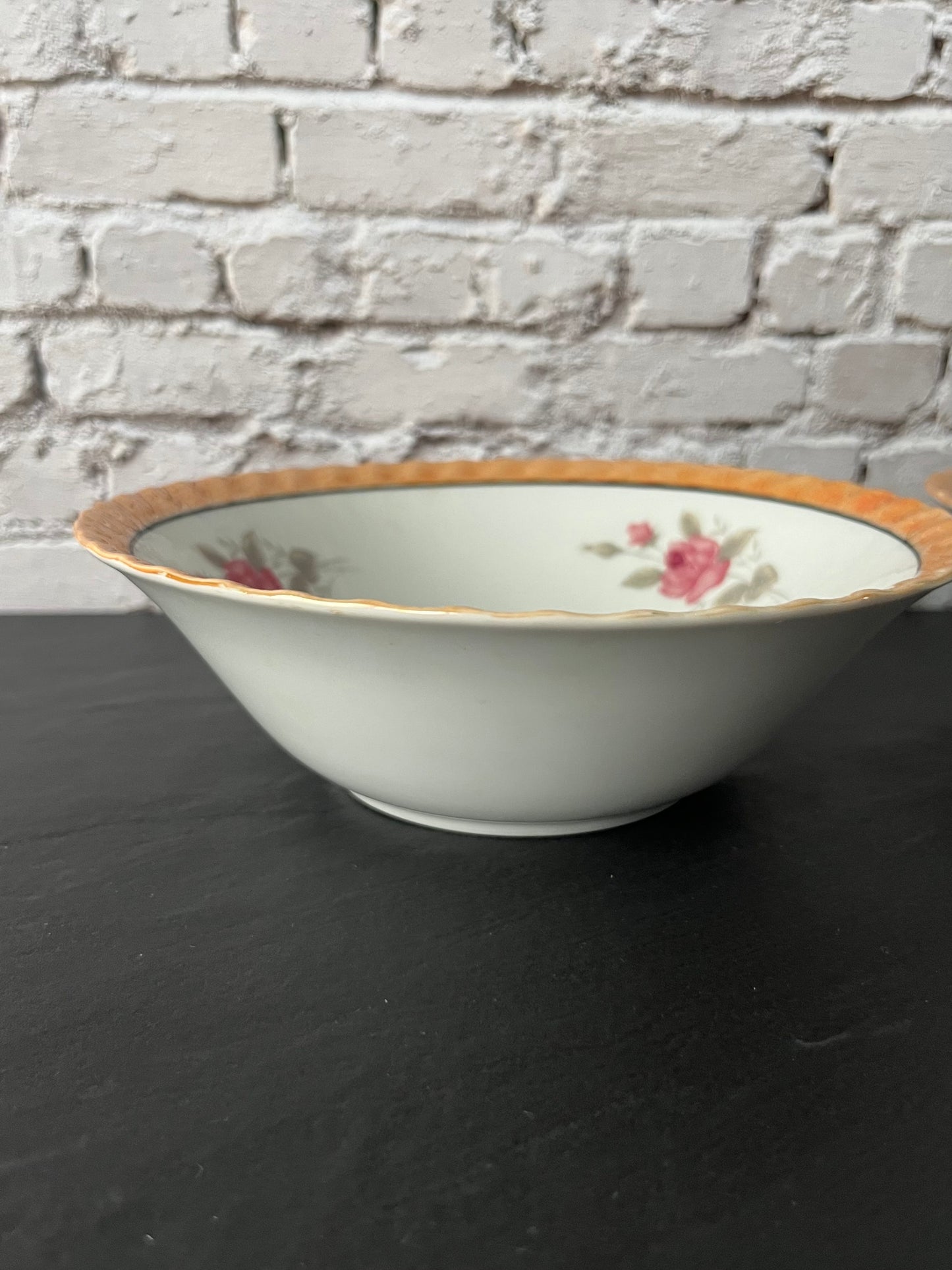 Vintage 1950s Japanese Porcelain Dessert Bowls with Pink Rose Sprays & Amber Scalloped Rim – Set of 2 Floral Cottage China Bowls