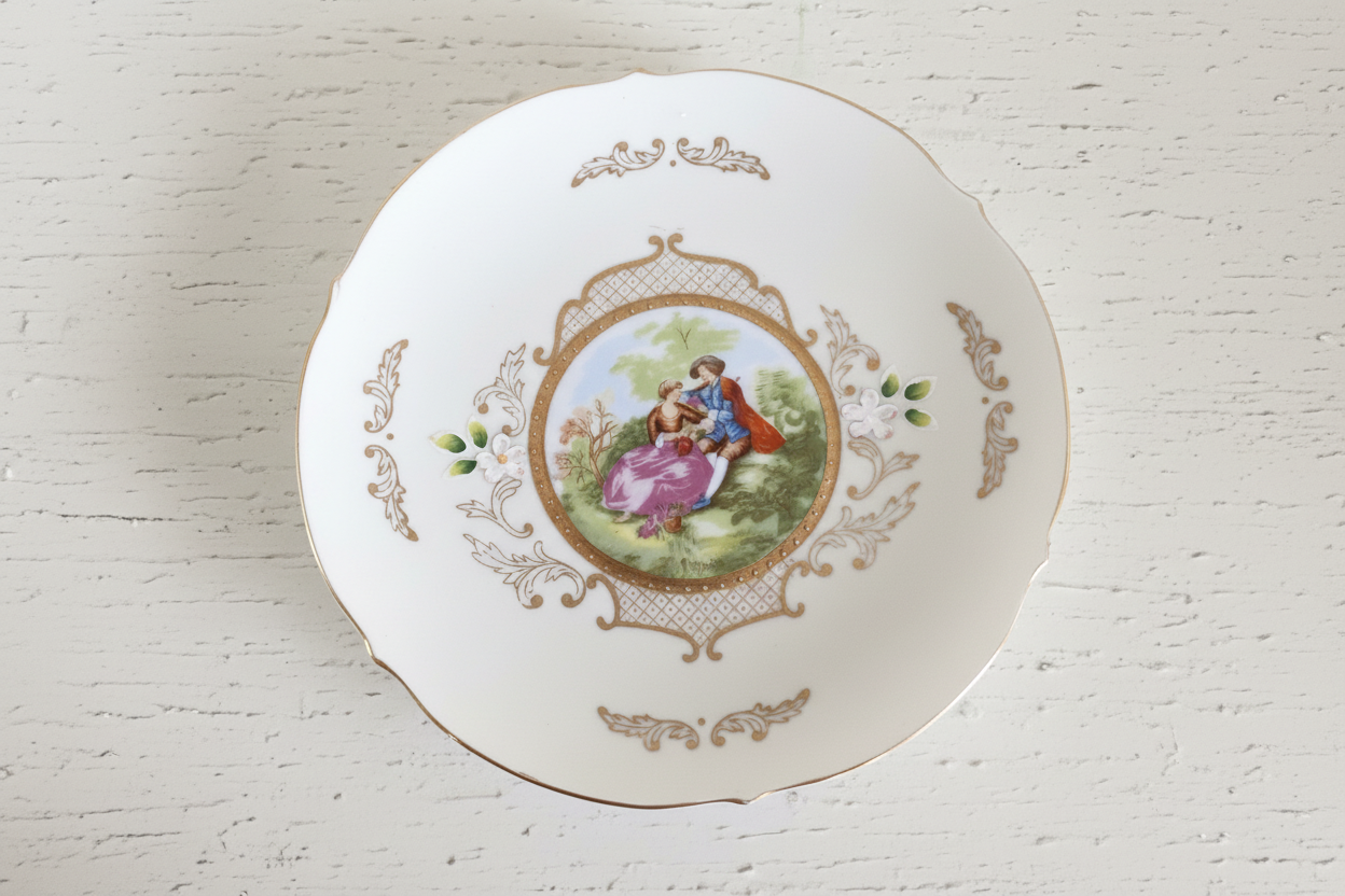 Vintage Ornate Pedestal Compote Candy Dish with Romantic Courting Scene & Gold Trim | c. Mid-20th Century,  Romantic / Rococo Revival