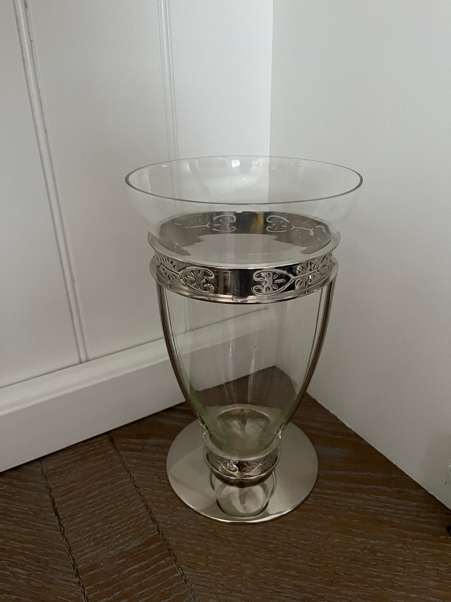 Vintage FTD Silver-Trimmed Glass Vase — Footed Hurricane-Style Centerpiece, c. 1960s