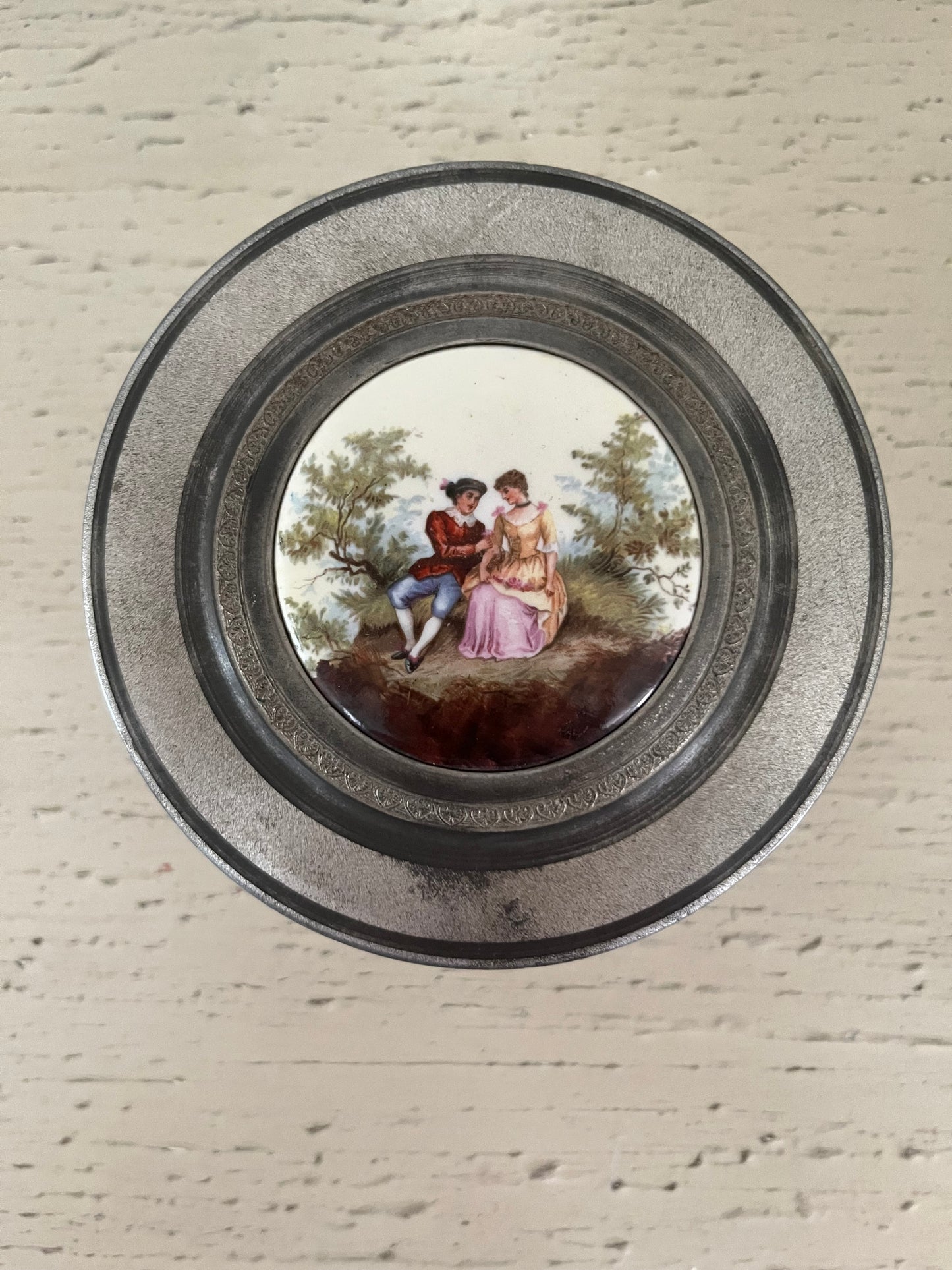 1920’s Lador Style Antique Pewter Vanity Powder Jar, Box  with Etching & Romantic Regency, Gilded Age, Romantic European Couple,  Porcelain Lid Insert