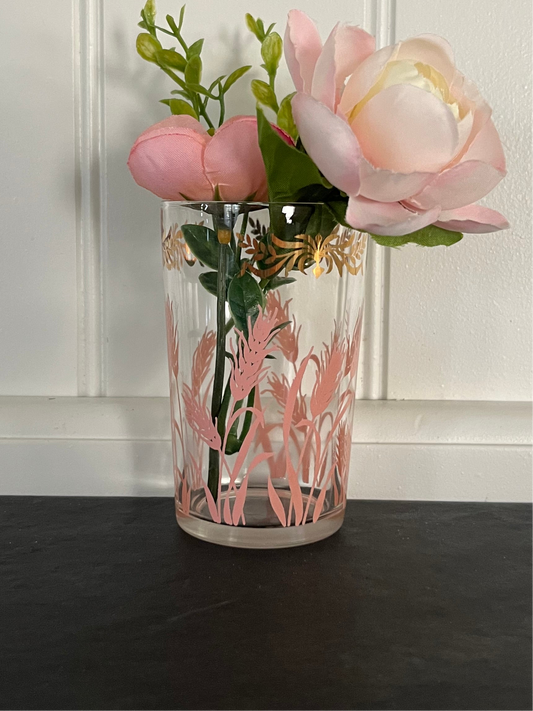 1950s Vintage Hazel Atlas “Pink Wheat” Juice Glass – 5oz with Gold Scroll Rim