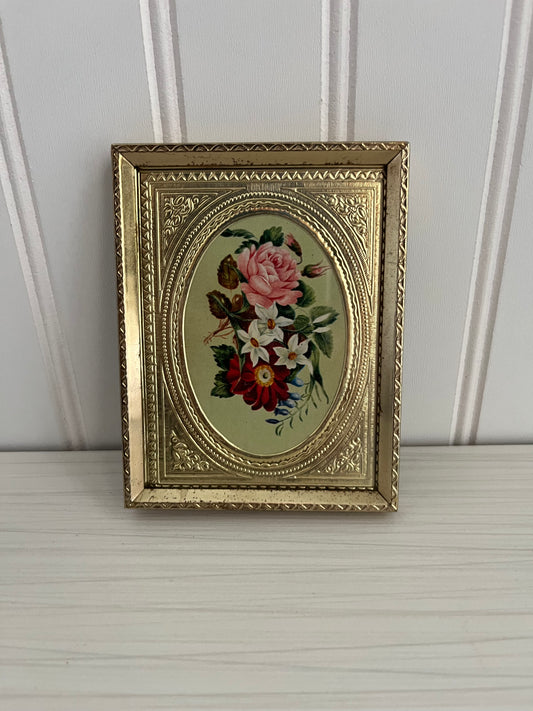Vintage Gold Color Frame with Oval Opening - Antique Playing Card with Roses Bouquet Design