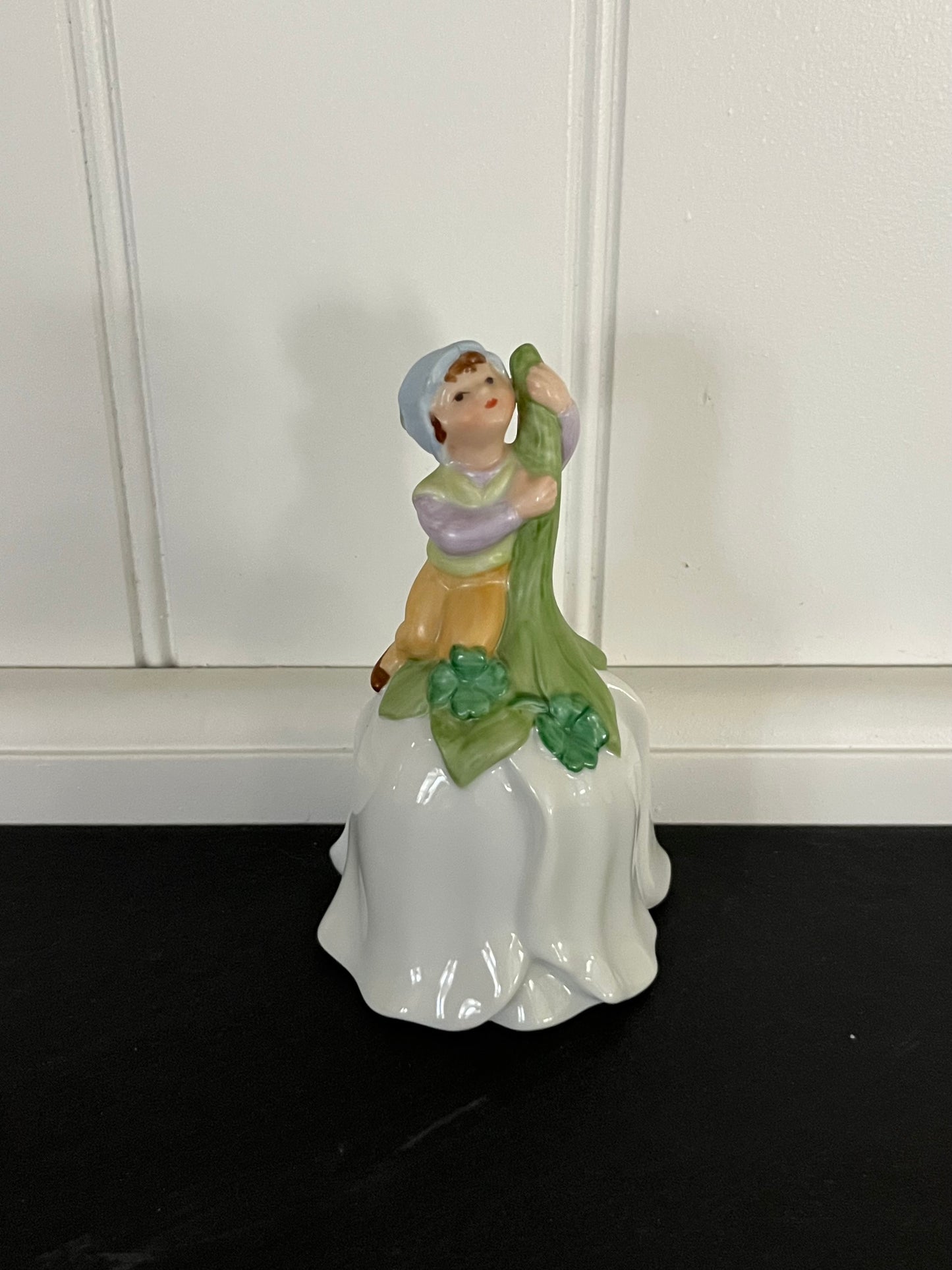 Vintage 1983 Avon “Good Luck Bell” – Leprechaun Pixie Elf– White Tulip Blossom shaped Porcelain Bell