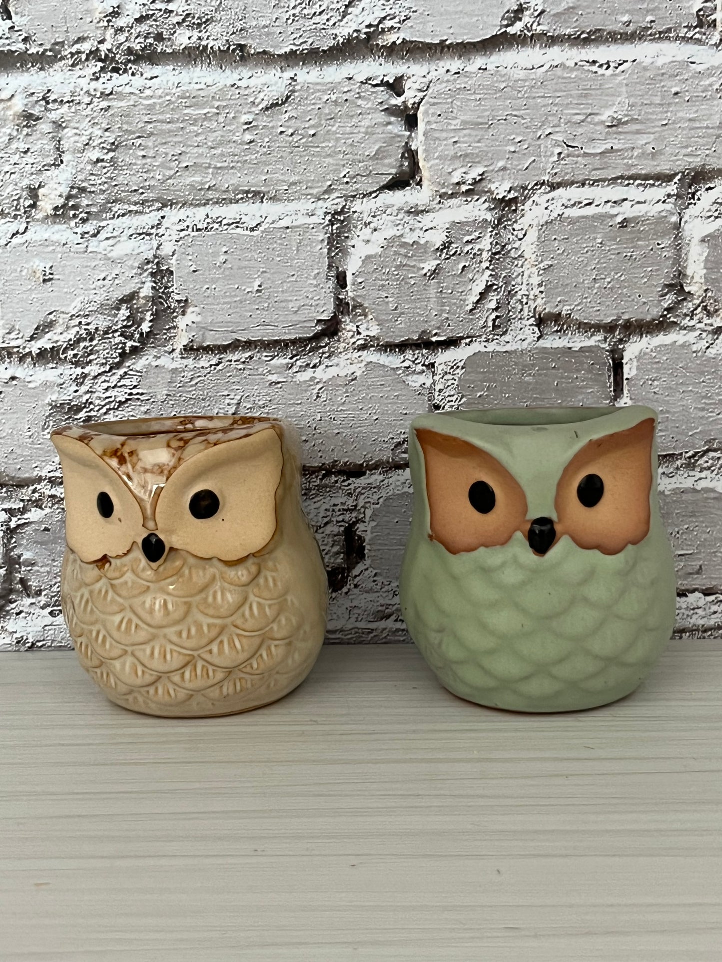 Retro Owl Figurine Mini Planter Duo – Ceramic Owl Cups (c. 1970s–1980s Inspired)