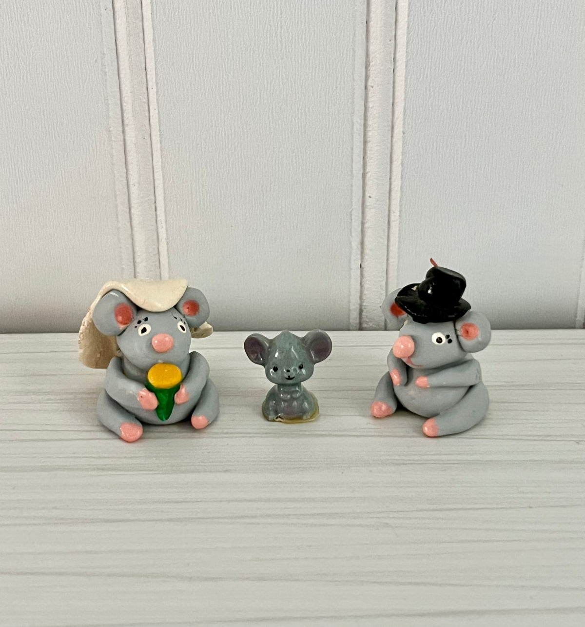 Vintage, circa 1980s Miniature Mouse Family Figurines — Bride & Groom Wedding Mice with Tiny Mouse