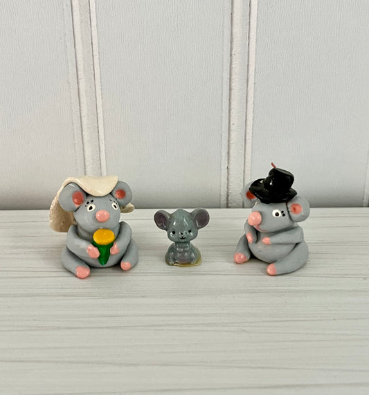 Vintage, circa 1980s Miniature Mouse Family Figurines — Bride & Groom Wedding Mice with Tiny Mouse