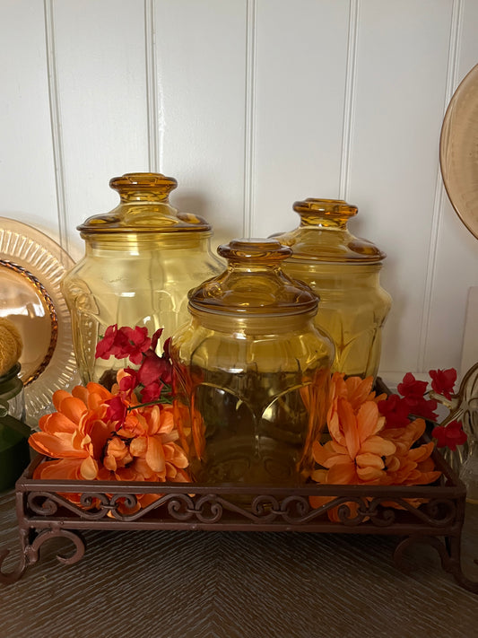 Vintage Amber Glass Apothecary Canister Set (3) L.E. Smith honey amber bubble glass | 1960s–1970s