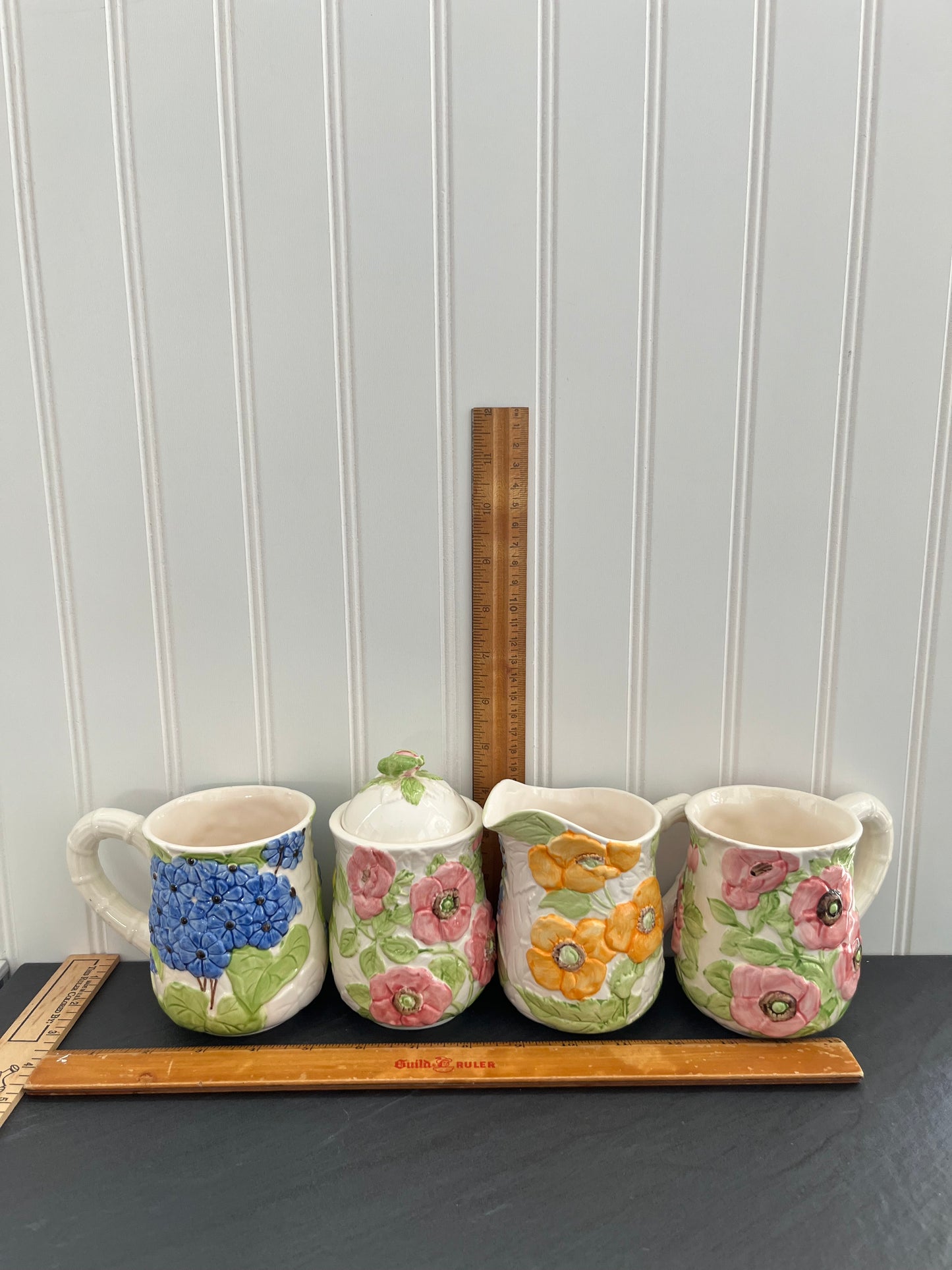 Vintage 1988 Shafford Fleurs Du Jour Sugar & Creamer Set with 2 Mugs - Colorful 3D Raised Embossed Flowers