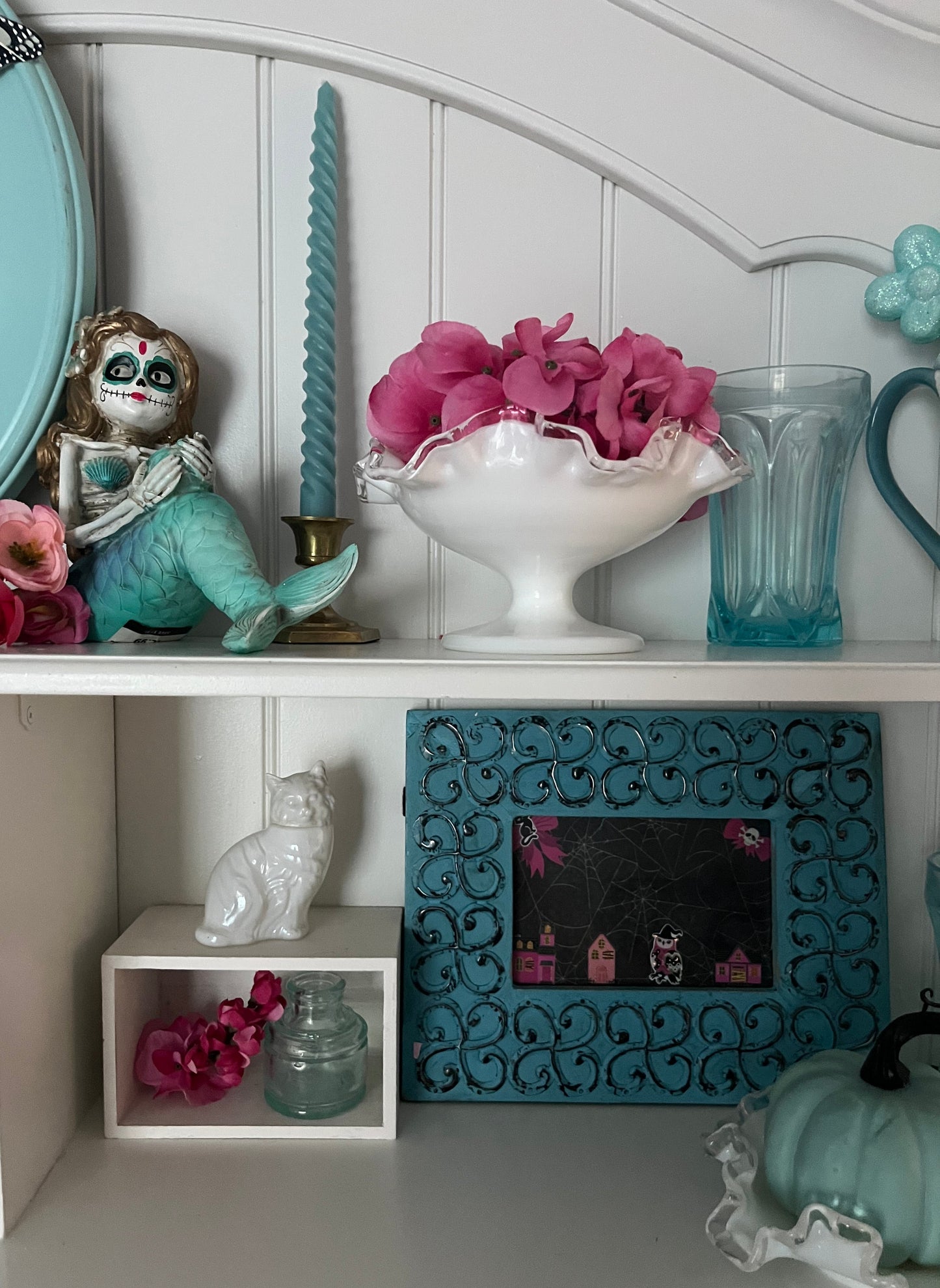 Day of the Dead Mermaid Figurine – Hand-Painted Skeleton Siren – 2010s Coastal Gothic Decor