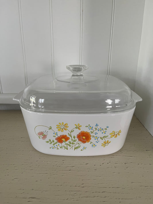 1970s Vintage Corning Ware “Wildflower” A-3-B 3 Qt Casserole with PYREX A7C Lid –