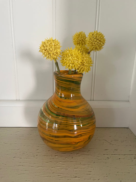 1970s Hand-Blown Swirl Art Glass Vase – Orange & Green Marbled Pattern | 6” Tall