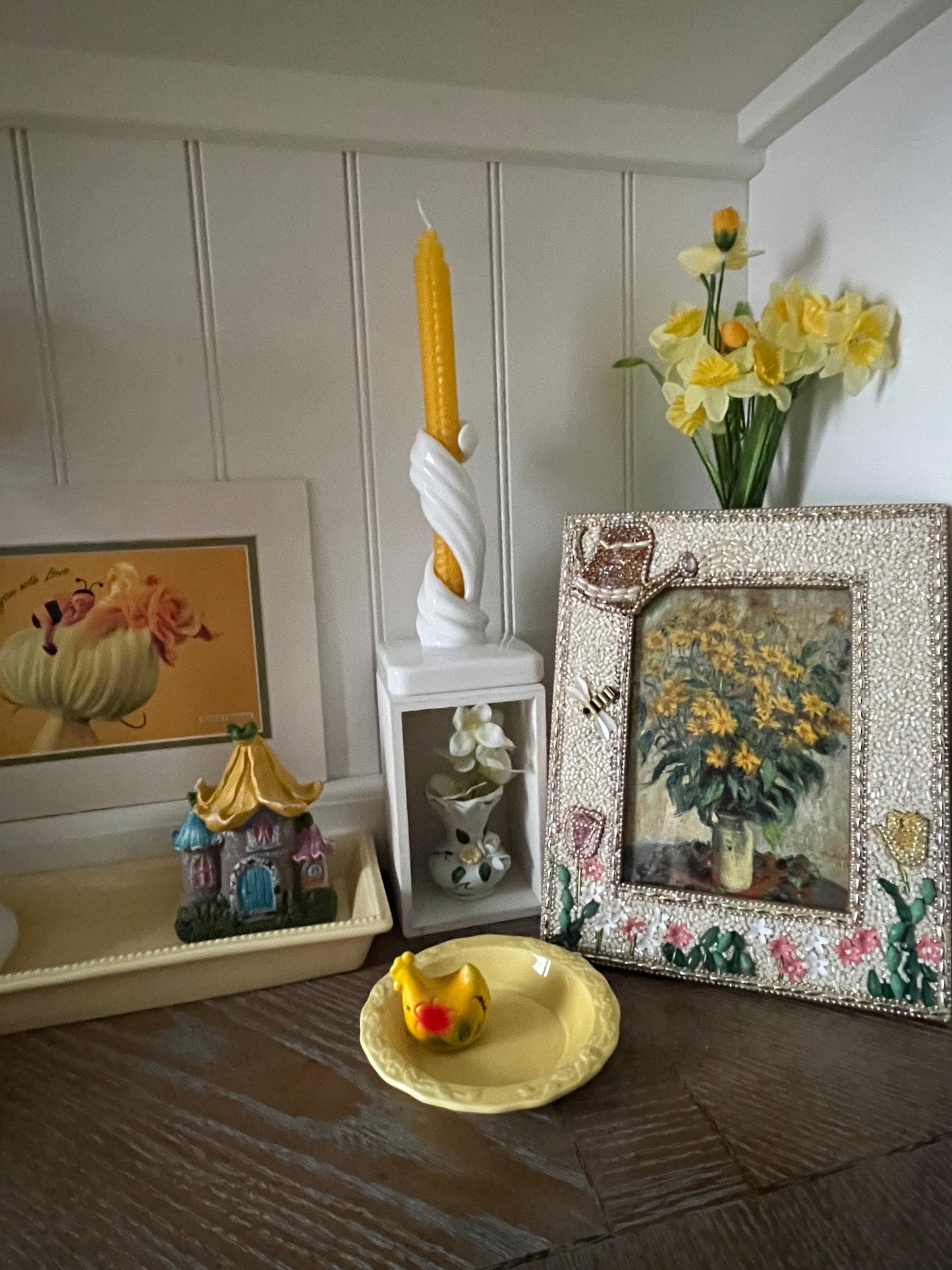 Lone Vintage Yellow Floral Ceramic Chicken  Shaker / Japan Farmhouse Kitchen 1960s