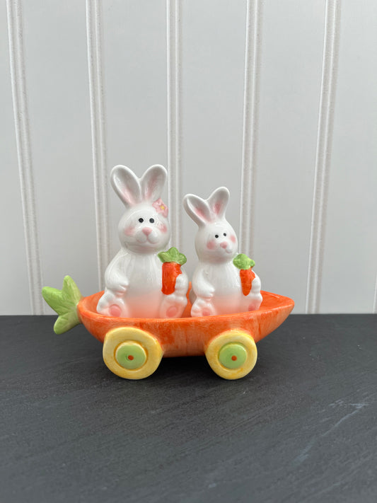Adorable Spring Easter Bunny Rabbit Ceramic Salt & Pepper Shakers Set on Bright Orange Carrot Wagon