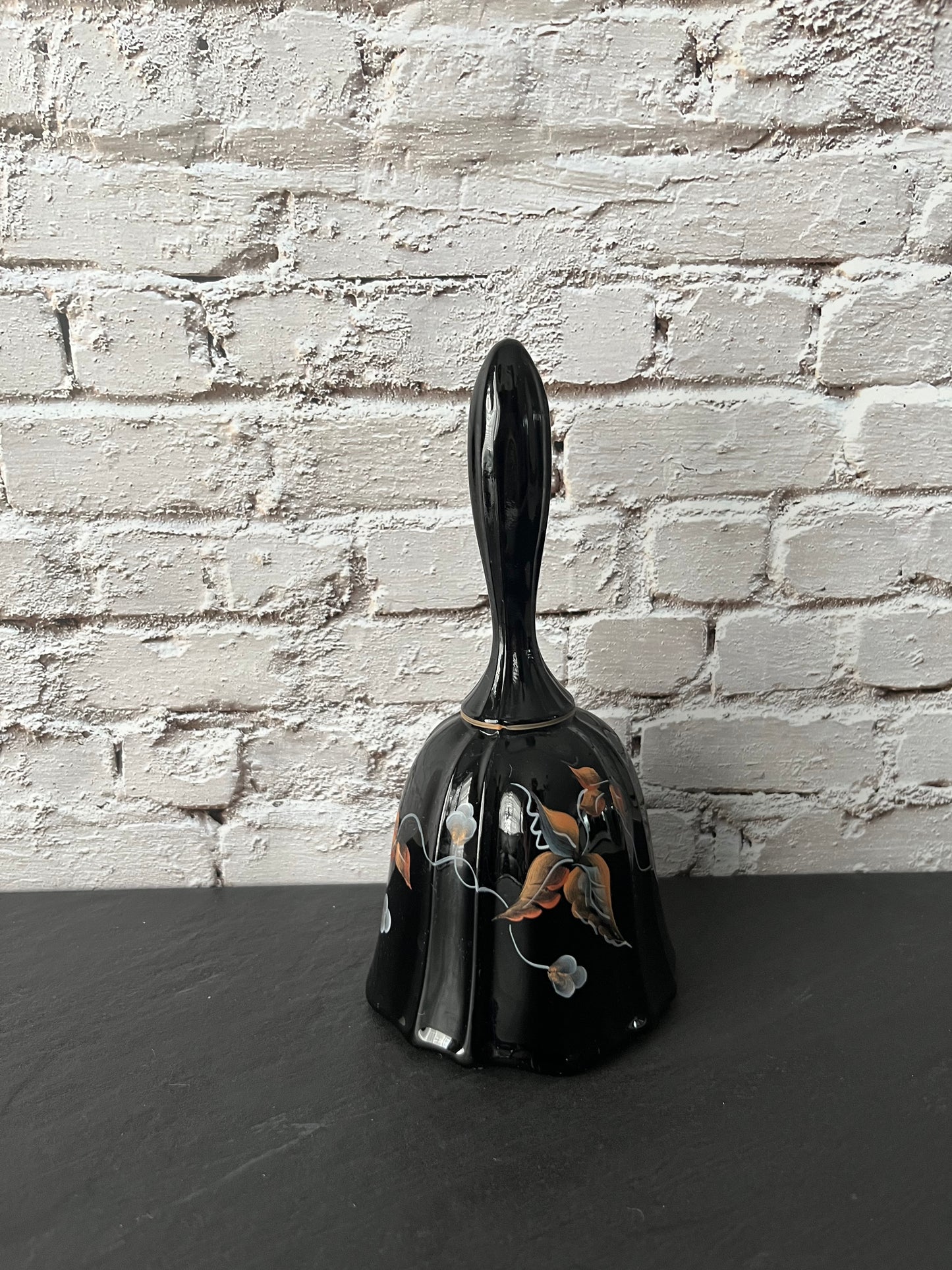 Vintage 1994 Fenton Aurora Black Hand-Painted Autumn Leaves Glass Dinner Bell – Signed by Artist D. Gesel