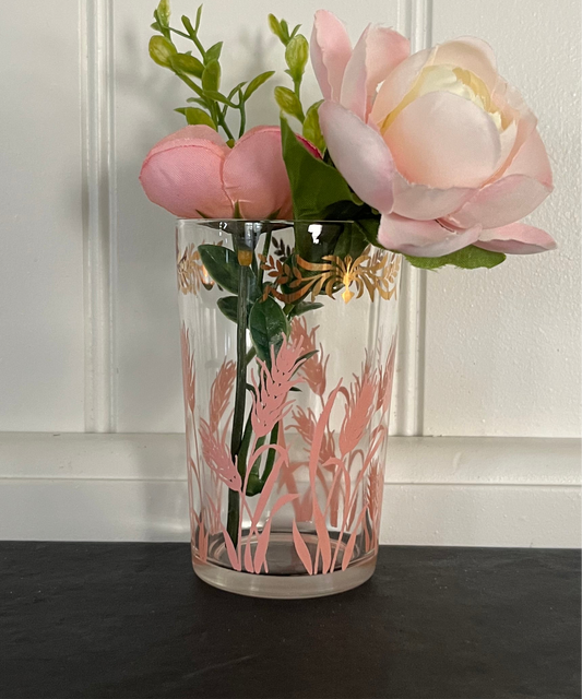 1950s Vintage Hazel Atlas “Pink Wheat” Juice Glass – 5oz with Gold Scroll Rim