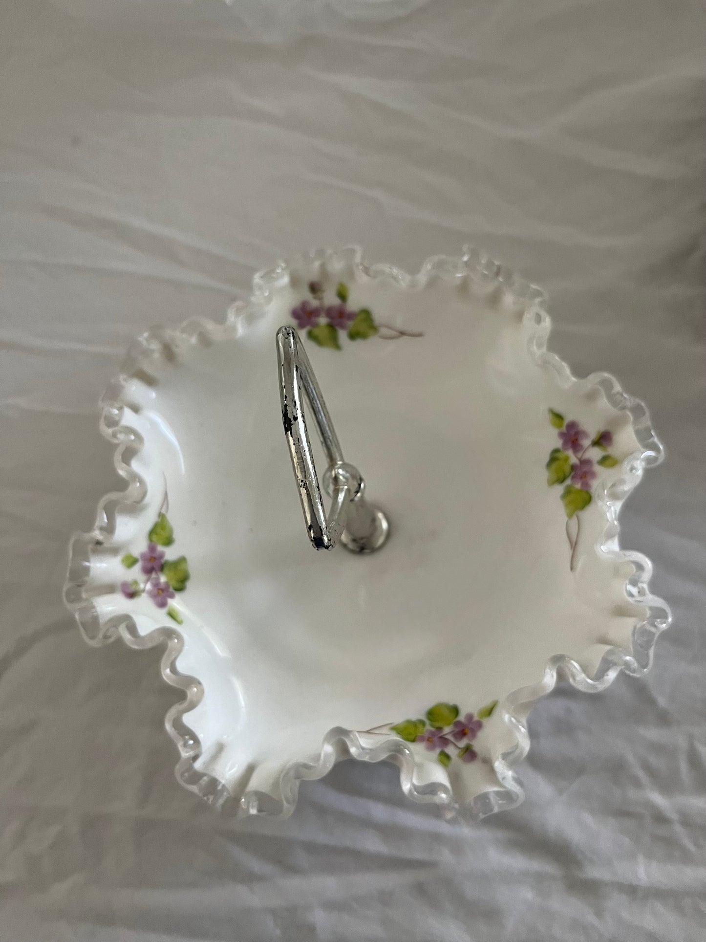 Vintage c 1960’s Fenton-Style Unmarked Silver Crest Milk Glass Tidbit Tray with Violet Floral Detail & Metal Handle | Ruffled Bon Bon Candy Dish / Vanity Tray