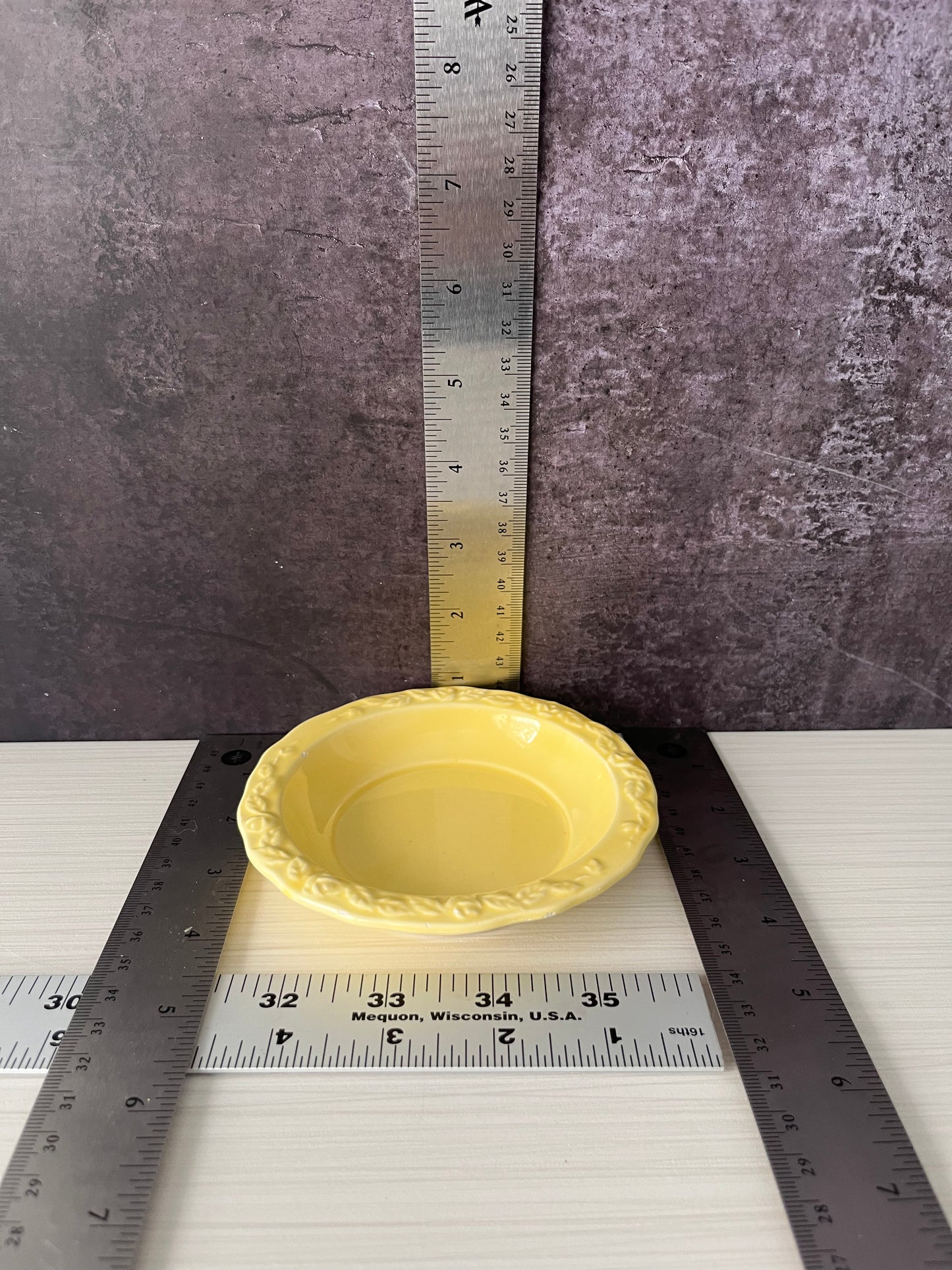 Vintage Yellow Ceramic Trinket Dish Embossed Rim Cottage Farmhouse Ring Dish 1960s