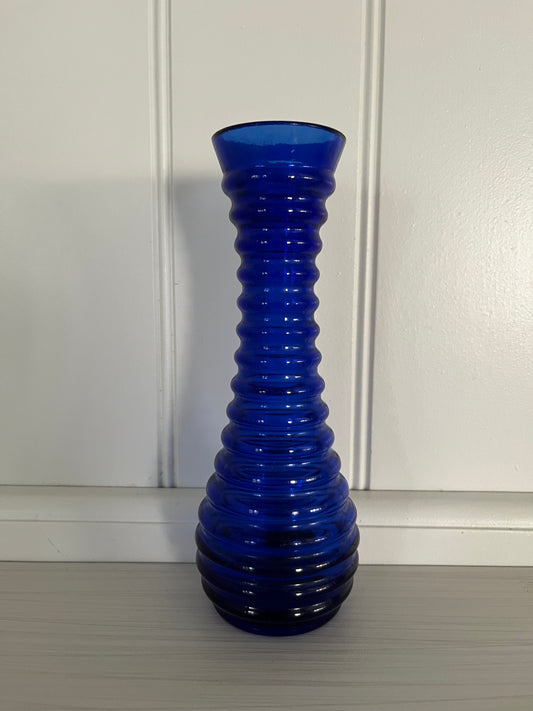 Vintage 1970s Cobalt Blue Bee Hive Ribbed Bud Vase – 8.25” Tall Retro Glass Vase