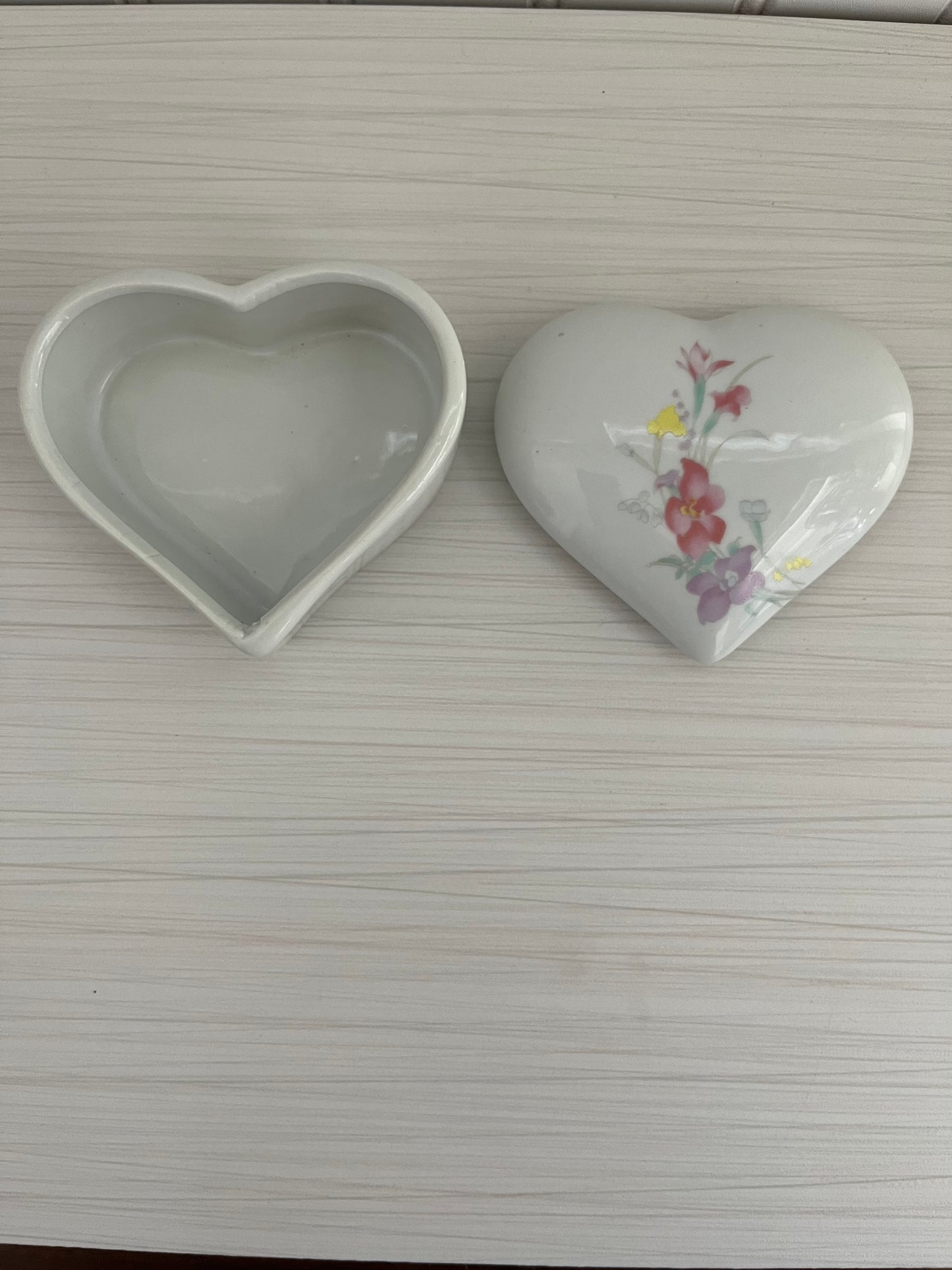 Vintage 1980’s White Ceramic Porcelain Floral Heart Trinket Box with Lid