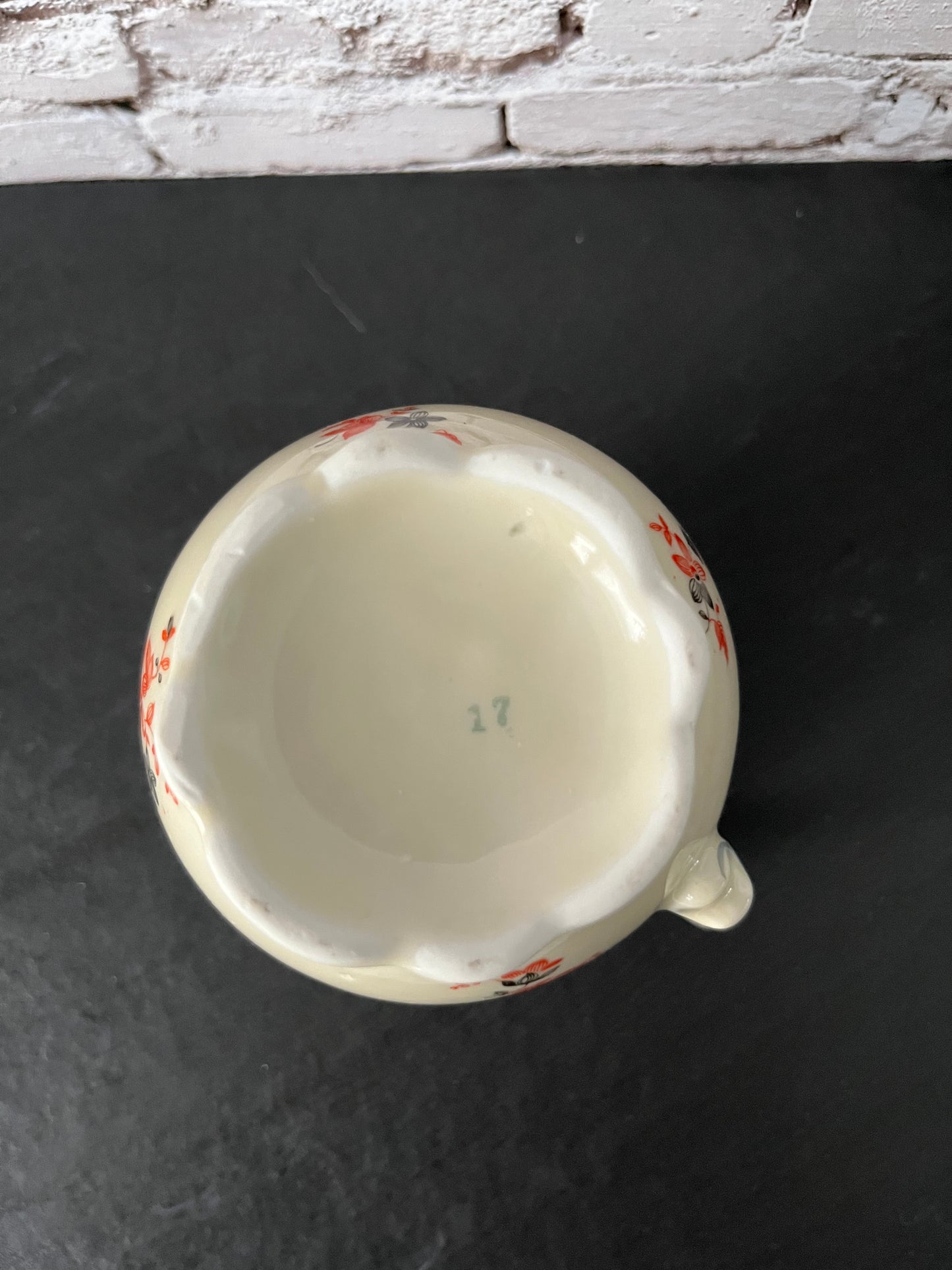 Vintage 1940s–1950s Cream Ceramic Floral Pitcher – Red & Black Wildflower Sprig Pattern – Cottage Farmhouse Style Milk Pitcher