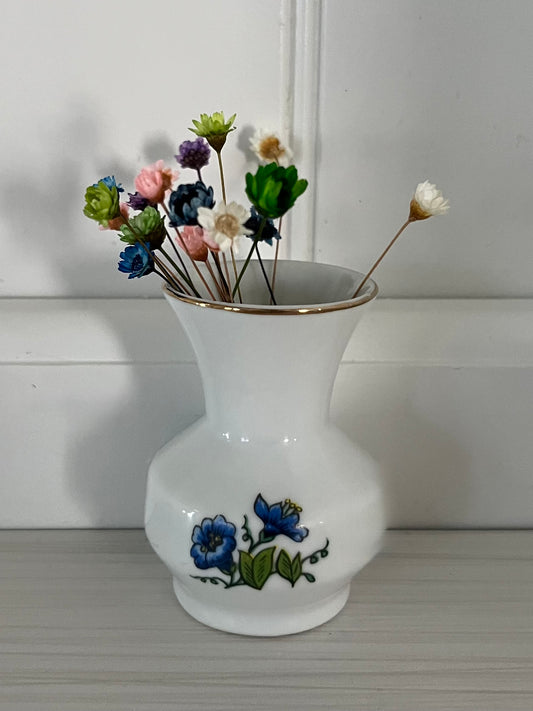 Vintage1980’s  Leart Porcelain Bud Vase Made in Brazil | Blue Floral Mini Vase with Gold Trim | Cottagecore Shelf Decor