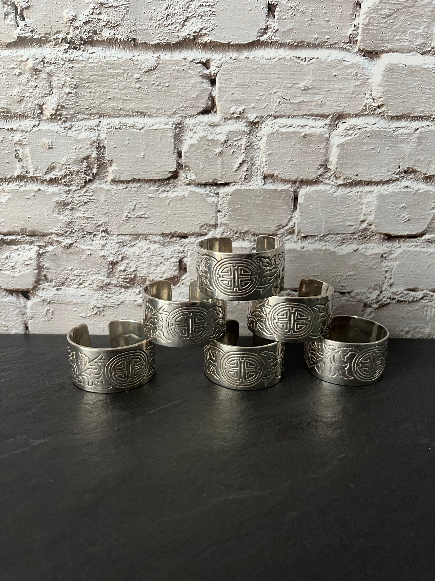 Vintage 1980s Silver-Tone Longevity Symbol Napkin Ring Cuffs – Set of 6 Hollywood Regency Revival Table Accents