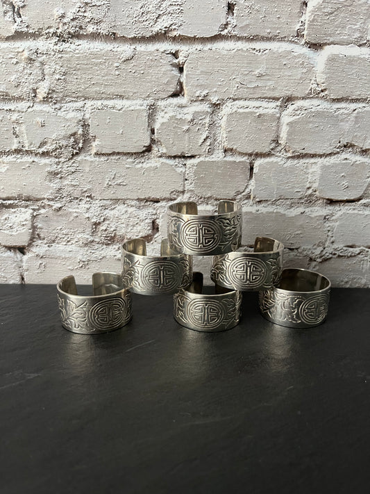 Vintage 1980s Silver-Tone Longevity Symbol Napkin Ring Cuffs – Set of 6 Hollywood Regency Revival Table Accents