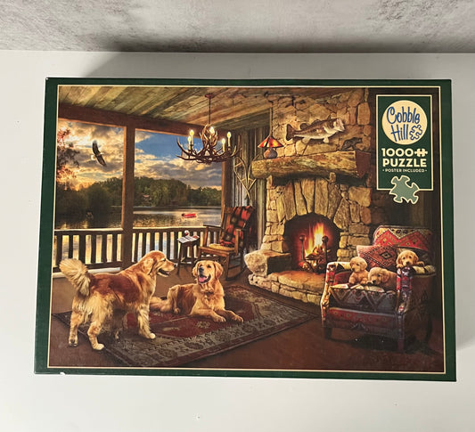 2010s  Vintage style Cobble Hill “Lakeside Cabin” 1000-Piece Jigsaw Puzzle – Golden Retriever Lodge Scene – Complete with Poster