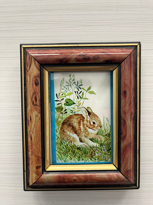 Vintage Ephemera Single Playing Card - Easter Bunny in Meadow in Frame