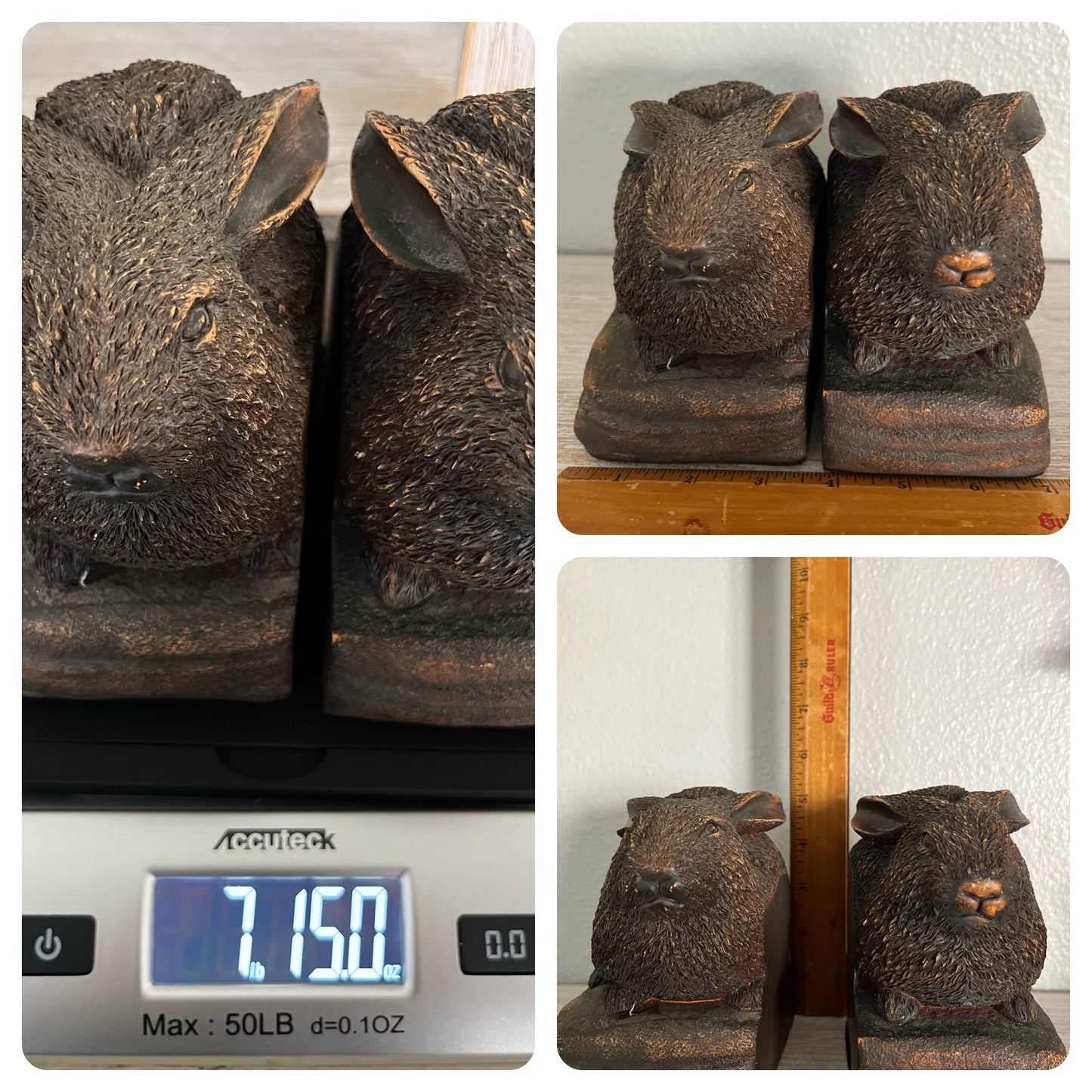 1990’s Heavy Cast Stained Bronze style Copper Tone Resin Vintage Bunny Rabbit Bookends - Mid Century Woodland Brown Bunny Rabbits Bookends