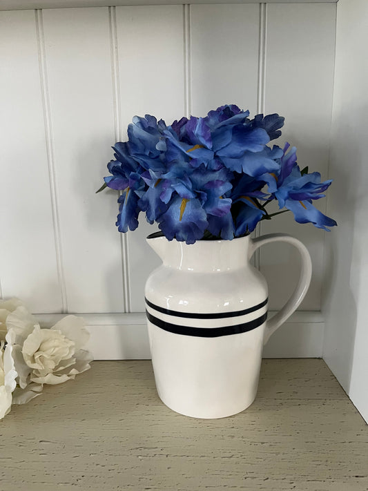 1990s–2000s Vintage White Ceramic Farmhouse Pitcher with Black Stripes